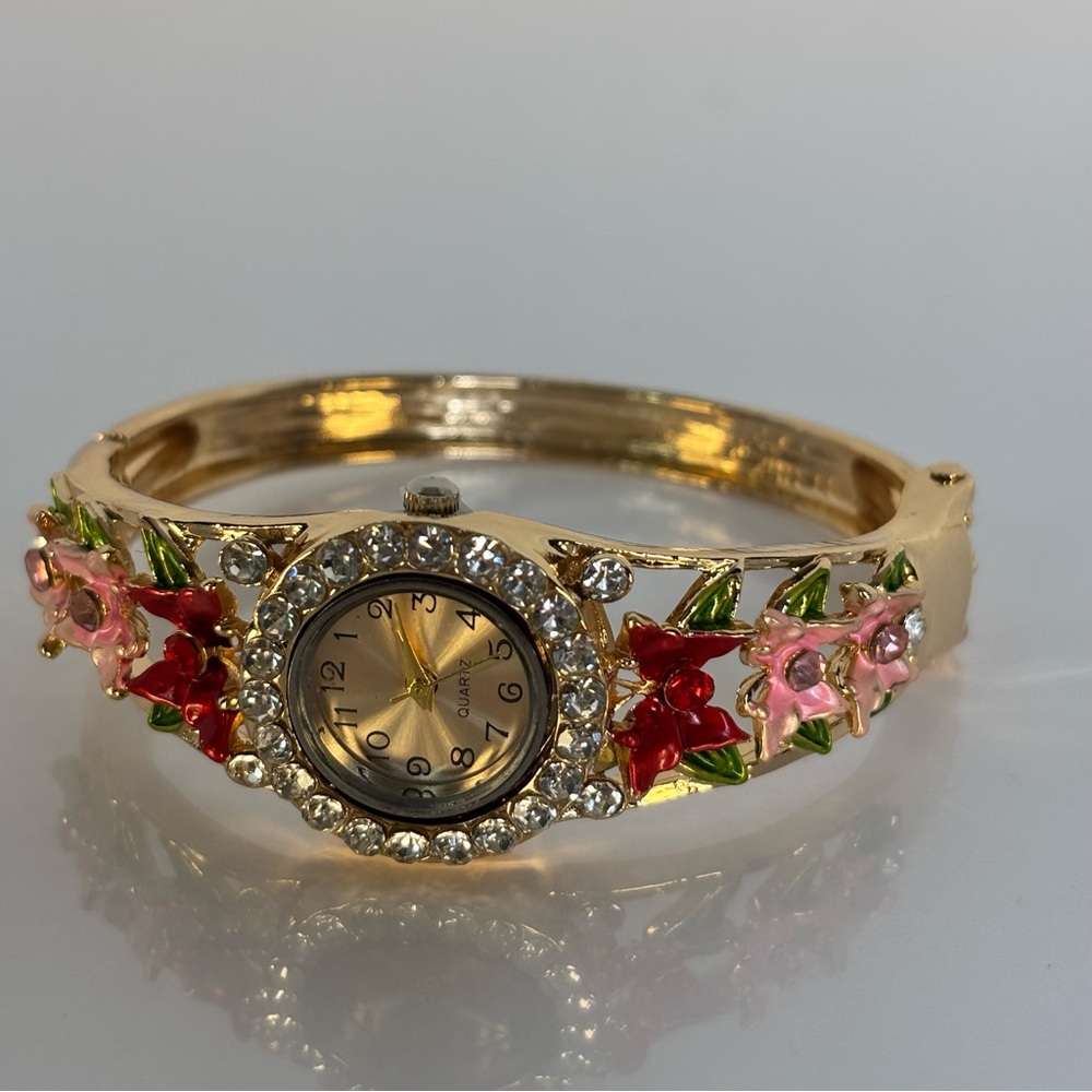 Gold Floral Crystal Bangle Watch - Pink & Red